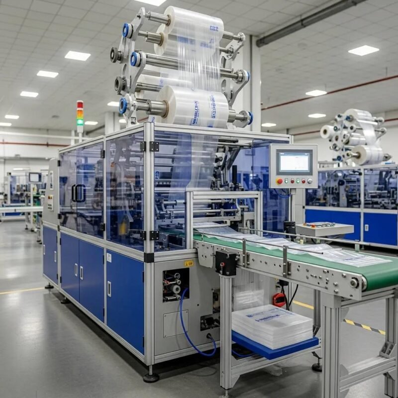 High-speed bottom sealing bag making machine in action, highlighting modern plastic bag production technology