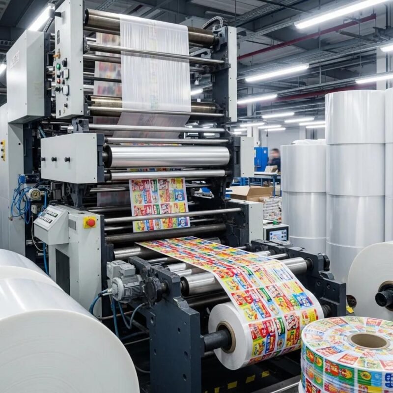 High-speed flexo printing machine printing vibrant plastic packaging