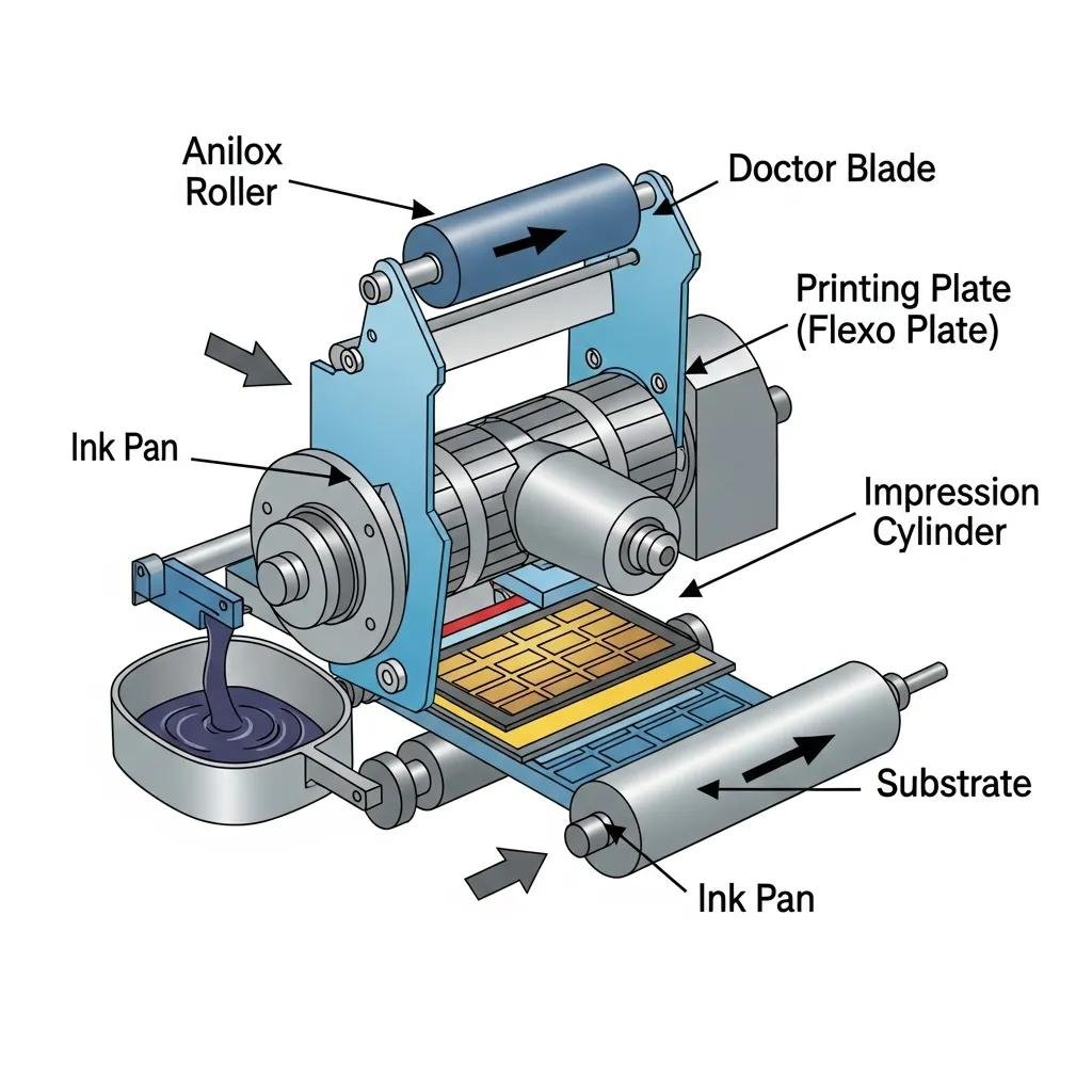 Key components of a flexo printing machine including anilox roller, doctor blade, and printing plate