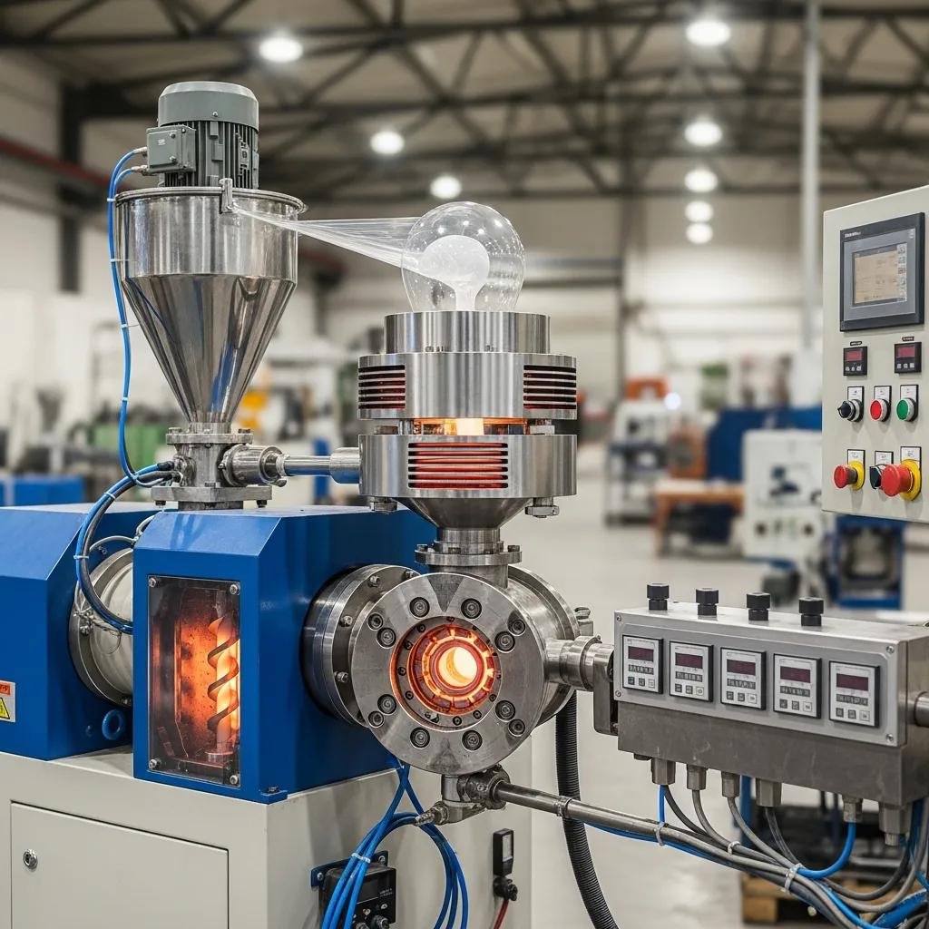 Key components of blown film extrusion equipment including extruder and die head in a factory setting