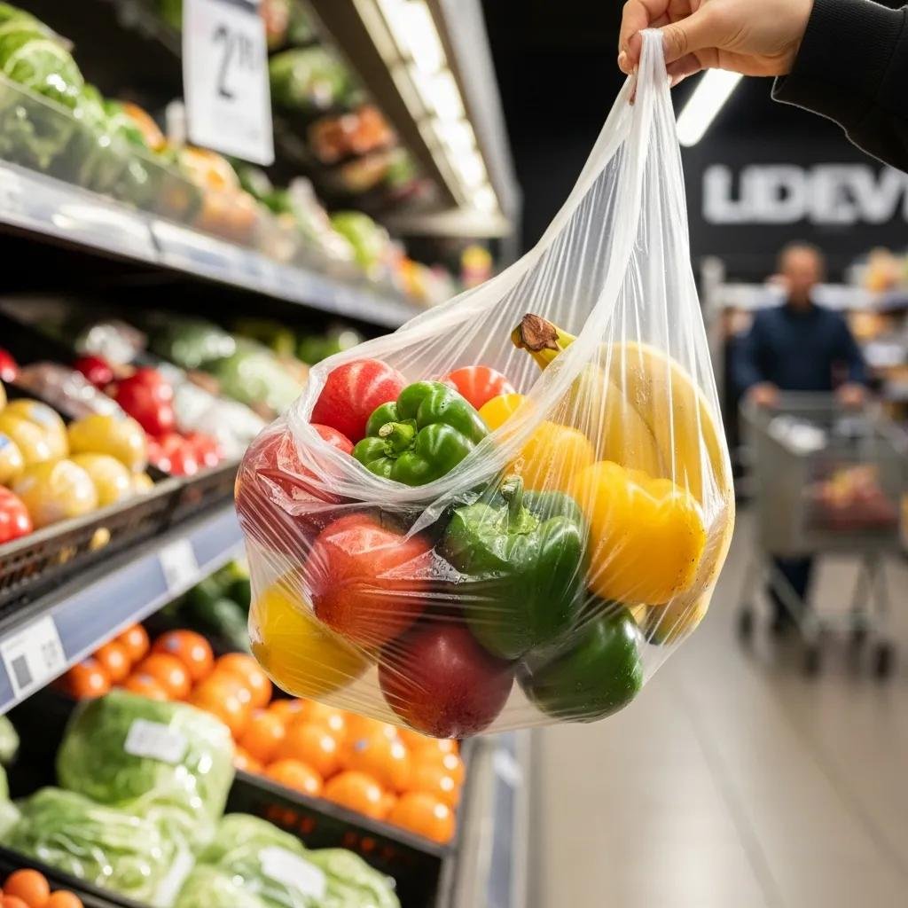 LDPE film bag containing fresh produce in a retail grocery store setting