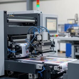 Modern flexo printing machine in an industrial setting, highlighting its features and functionality