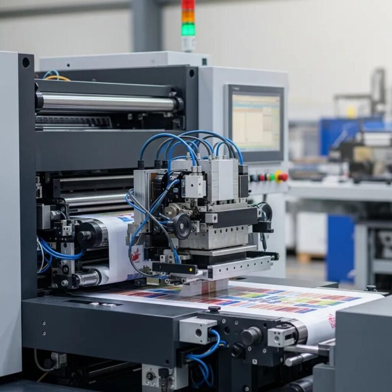 Modern flexo printing machine in an industrial setting, highlighting its features and functionality