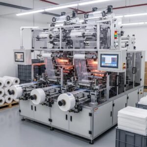 Modern four line plastic bag making machine in action, highlighting advanced technology and automation