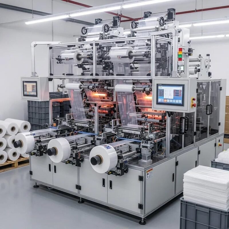 Modern four line plastic bag making machine in action, highlighting advanced technology and automation