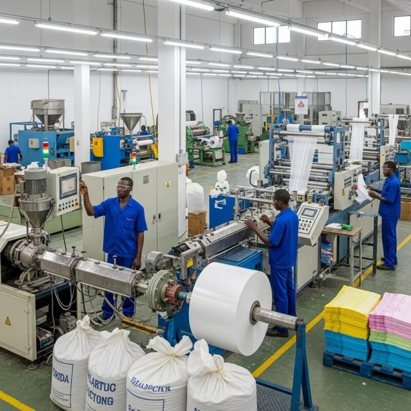 Modern plastic bag manufacturing facility with machines and workers in Nigeria