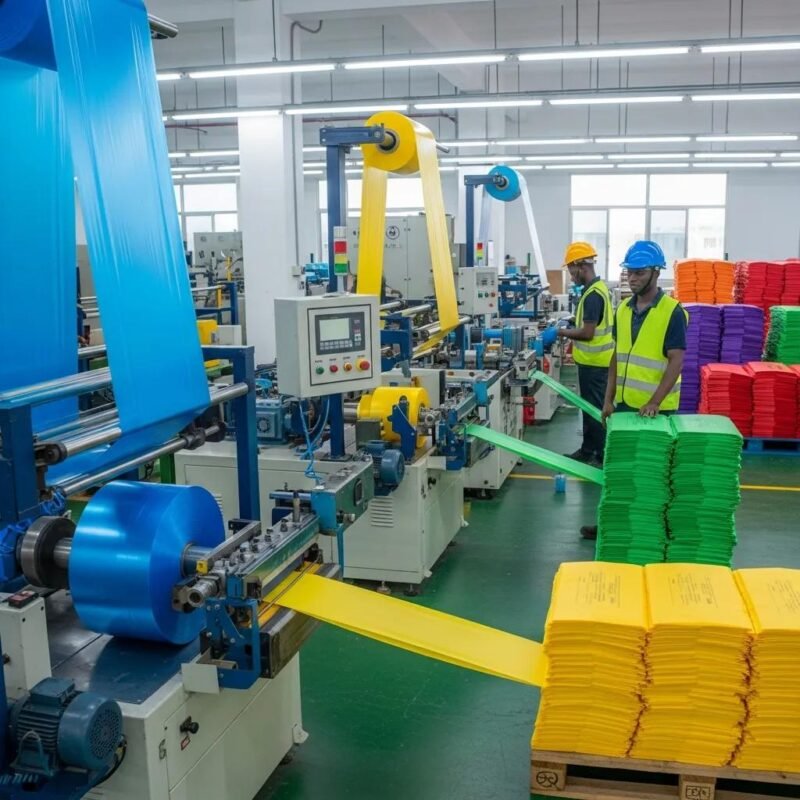 Modern plastic bag manufacturing factory with machinery and colorful bags
