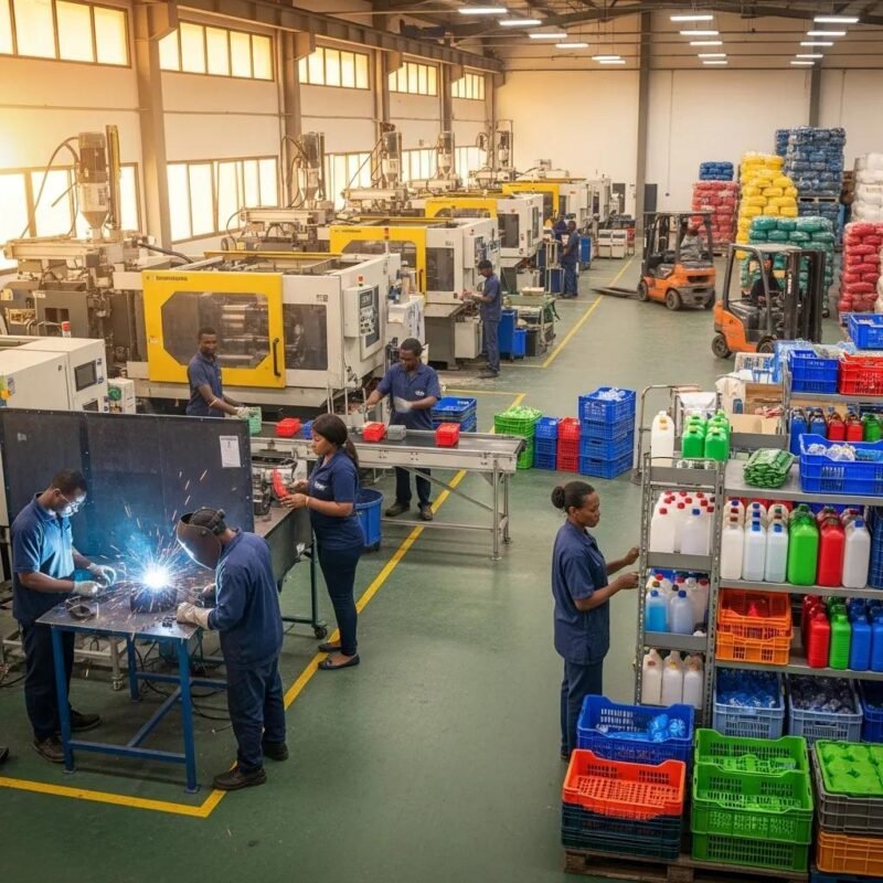 Modern plastic factory in Nigeria with machinery and workers, showcasing manufacturing potential
