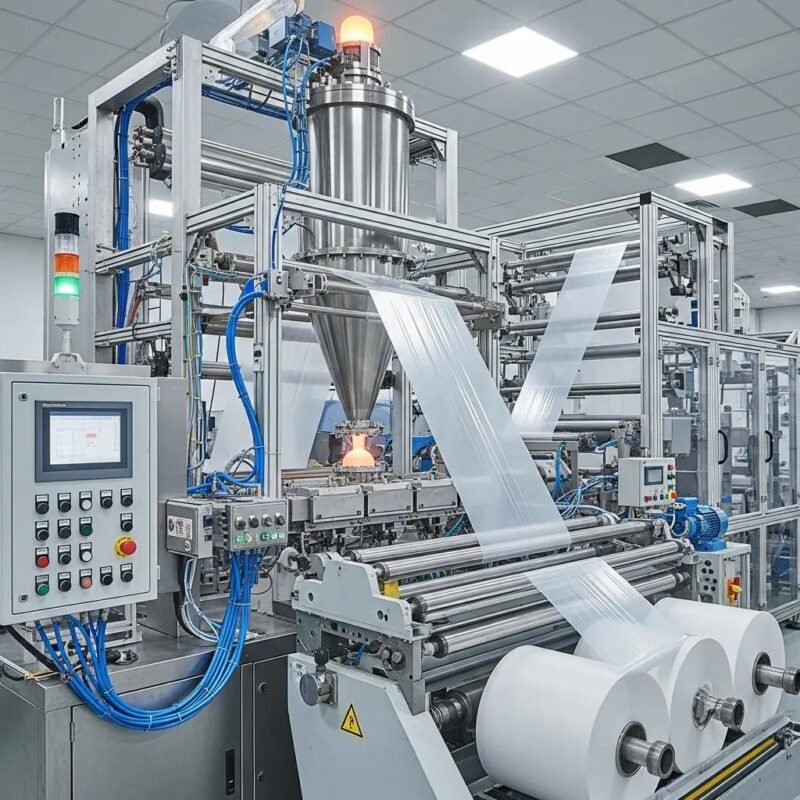 Modern plastic film production facility with machinery extruding film