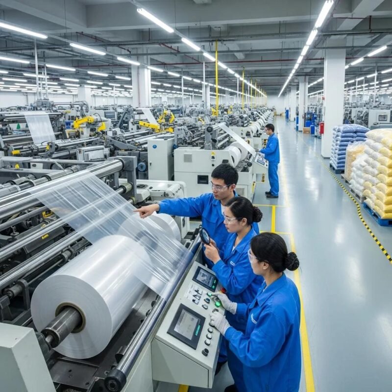 Modern plastic film production facility with workers inspecting quality control processes