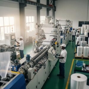 Modern plastic film production factory with machinery and workers in Nigeria