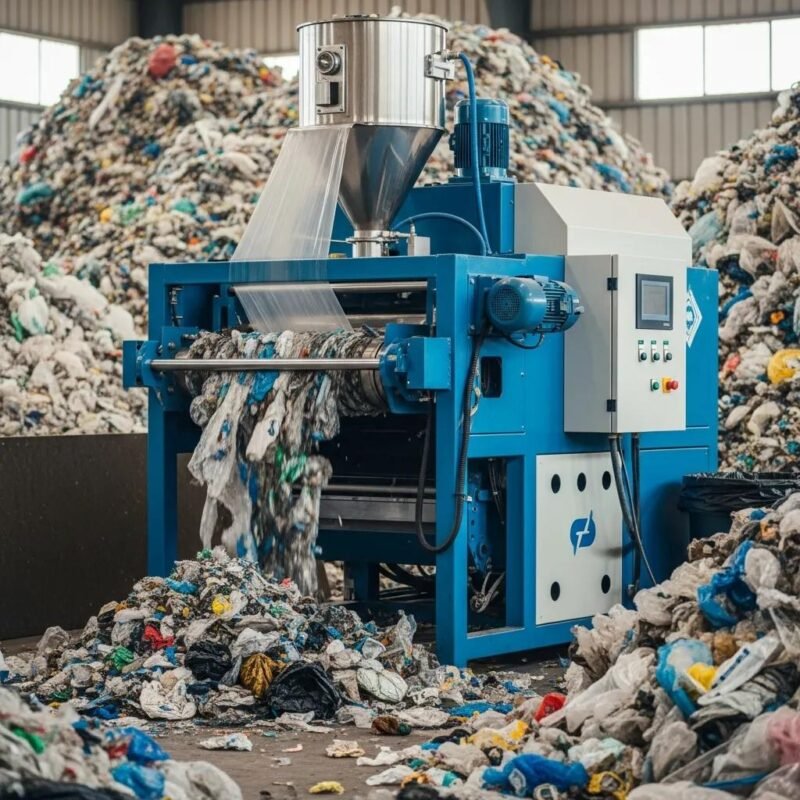 Modern plastic film recycling machine processing waste in a clean facility