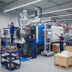 Modern plastic machine in a manufacturing environment with workers installing equipment