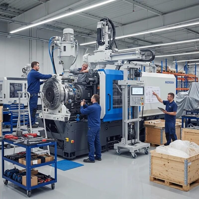 Modern plastic machine in a manufacturing environment with workers installing equipment