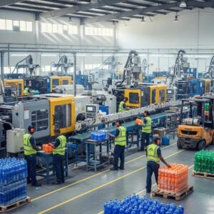 Modern plastic manufacturing facility in Nigeria with active machinery and workers