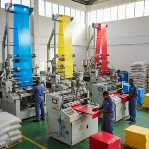 Modern plastic manufacturing facility in Nigeria with advanced machinery and workers in action