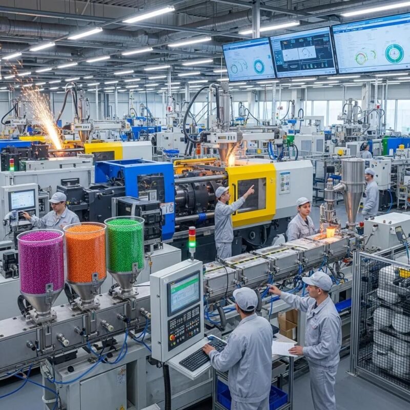 Modern plastic manufacturing facility with advanced machinery and workers in action