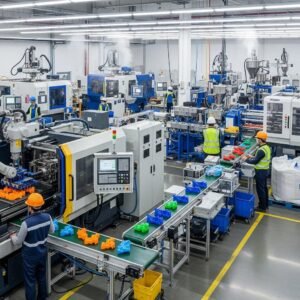 Modern plastic manufacturing facility with various machines in operation