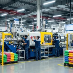 Modern plastic manufacturing facility with workers performing maintenance on machines