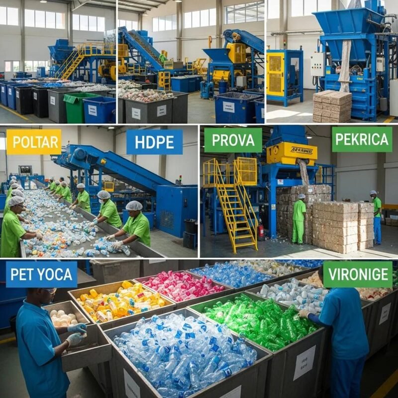 Modern plastic recycling facility in Nigeria with workers processing plastic waste
