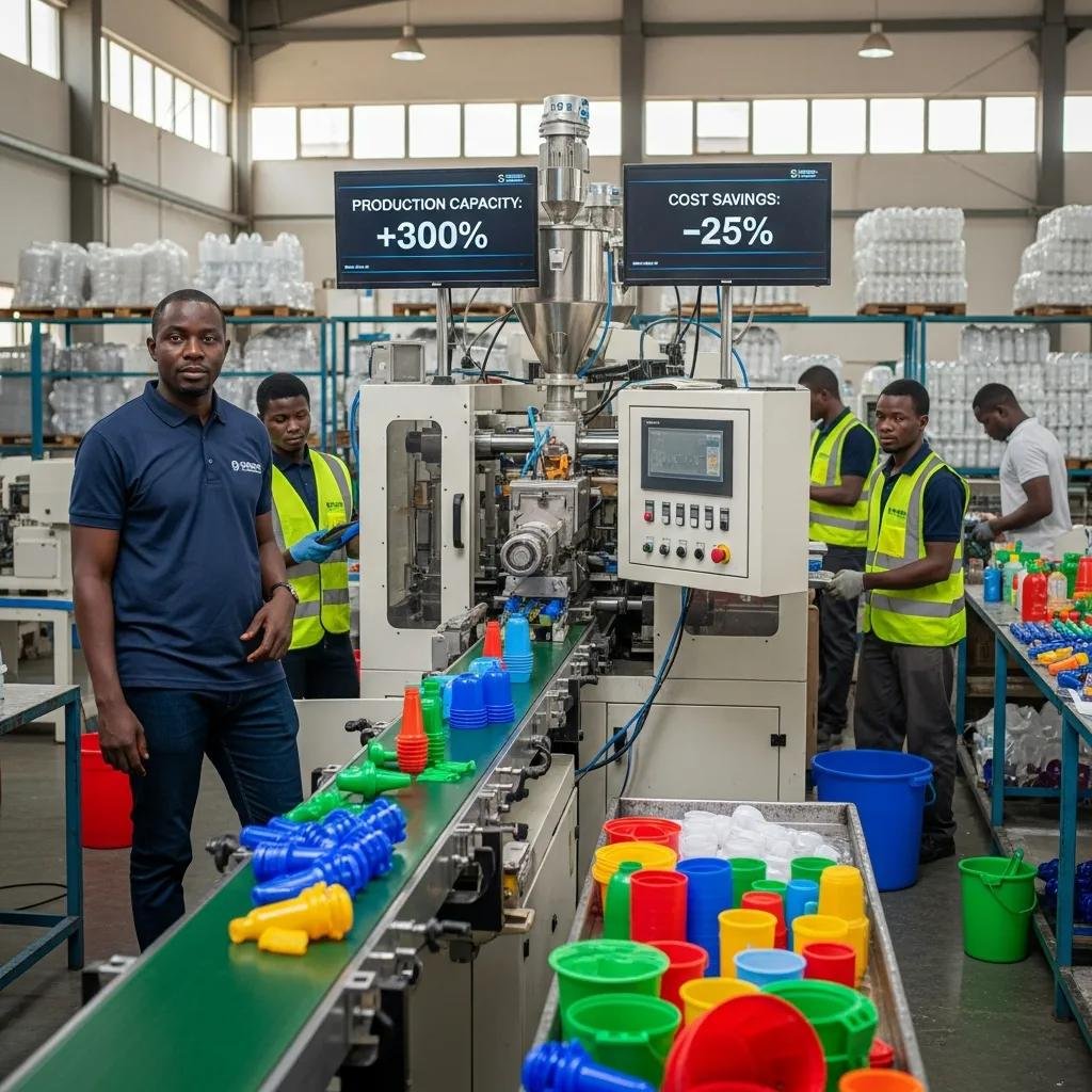 Nigerian business owner reviewing production from a custom plastic machine, showcasing benefits of tailored solutions