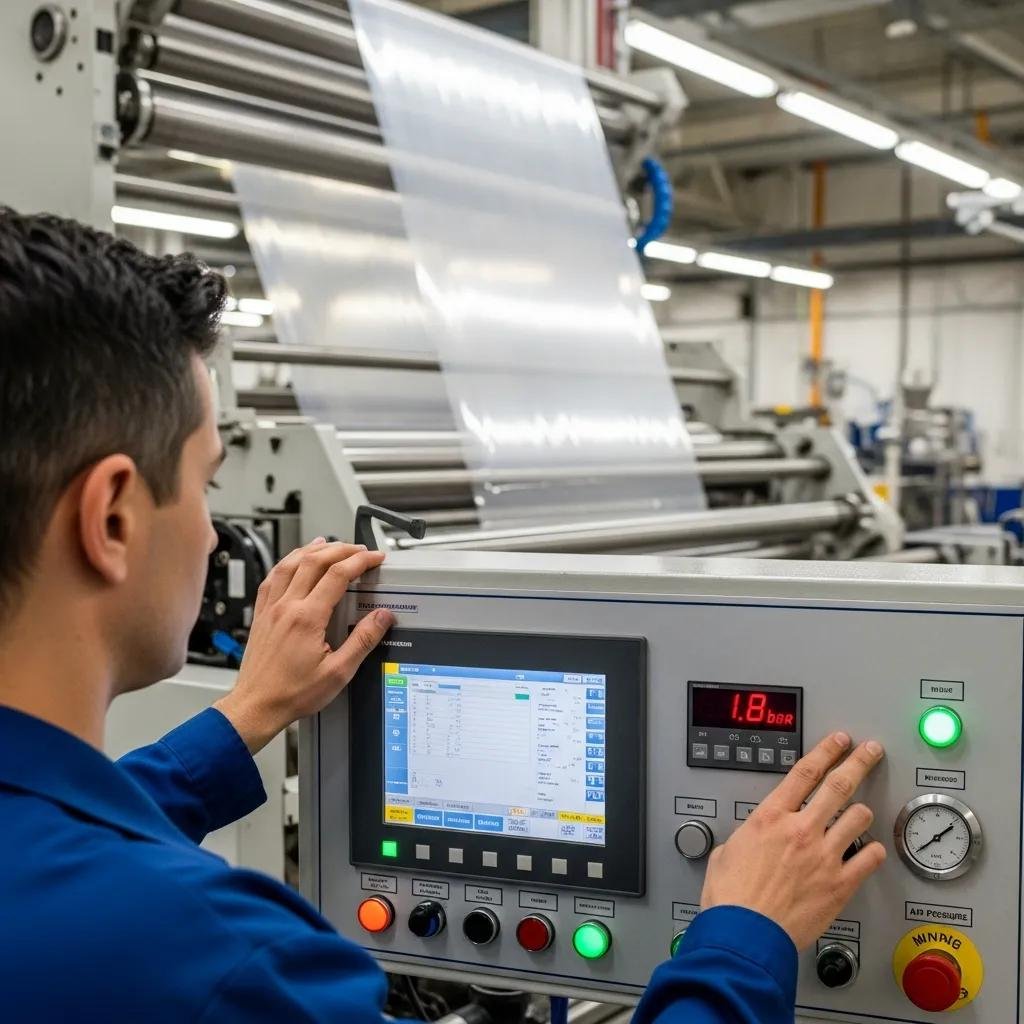 Operator adjusting air pressure on blown film machine to fix bubble instability