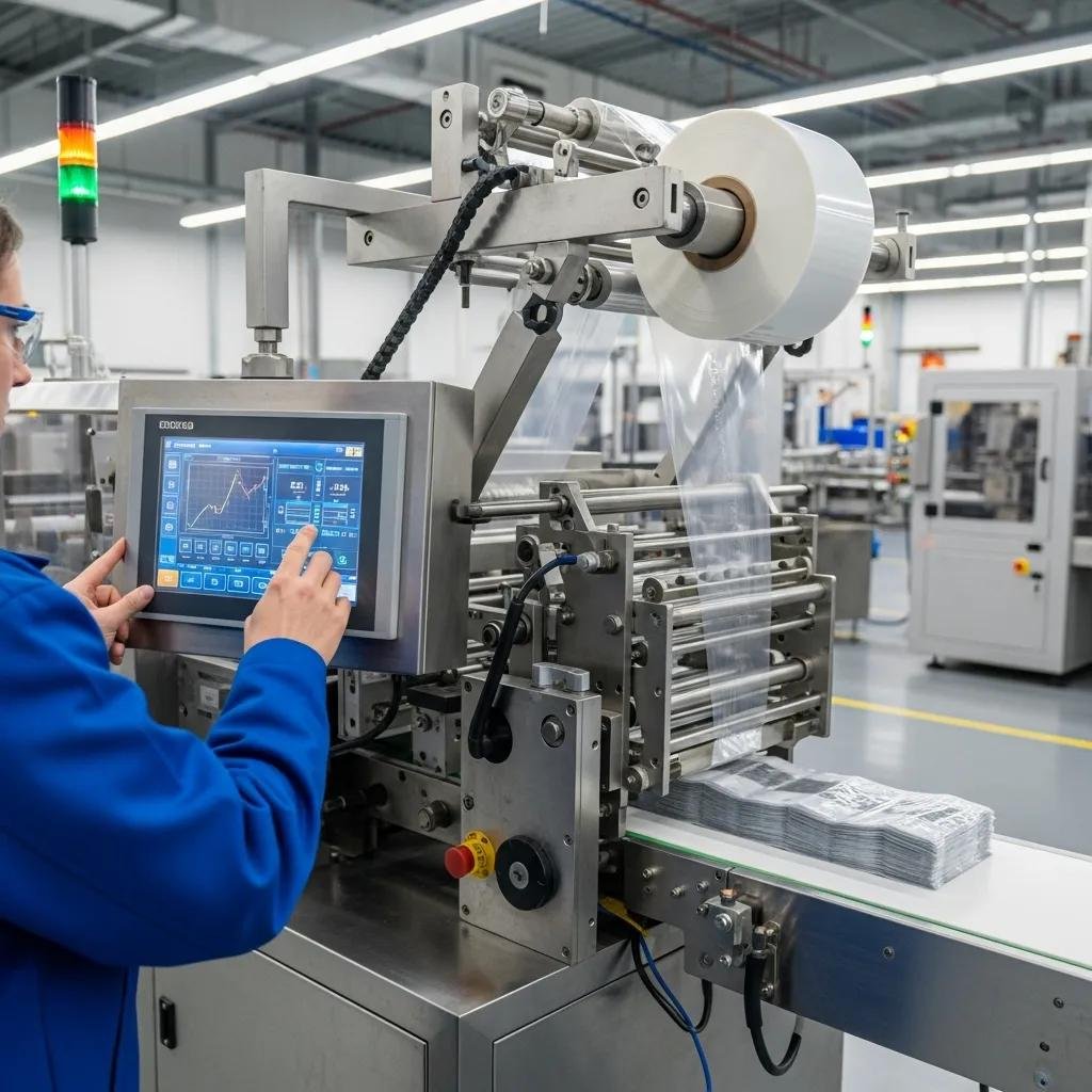 Operator using an automatic side seal bag maker, demonstrating setup and operation process in a production environment