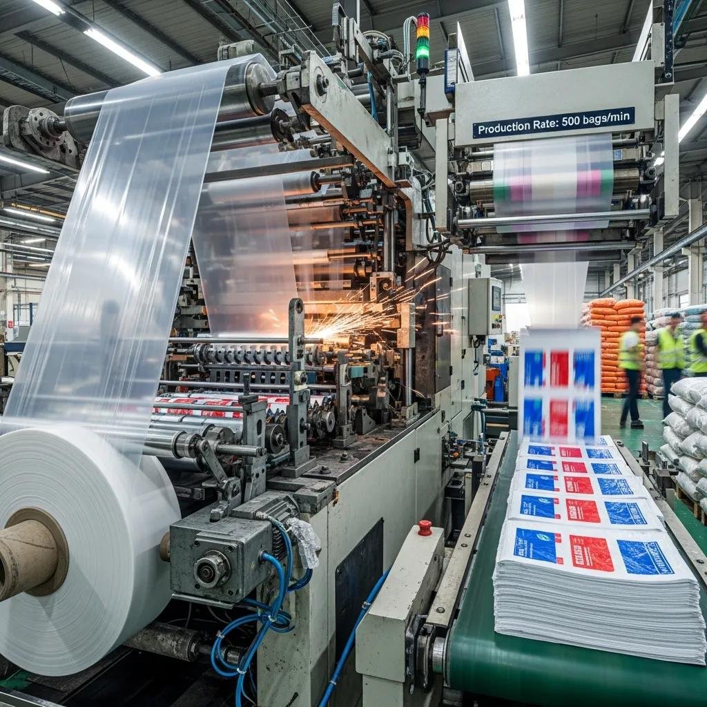 Plastic bag making machine in action producing bags from plastic film