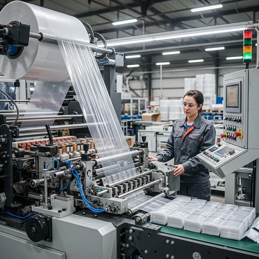 Plastic bag making machine in operation, highlighting the production process and quality control