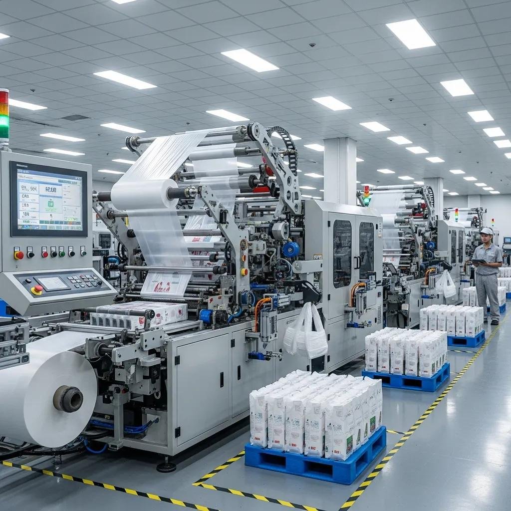 Plastic bag making machine producing various types of bags in a clean factory setting