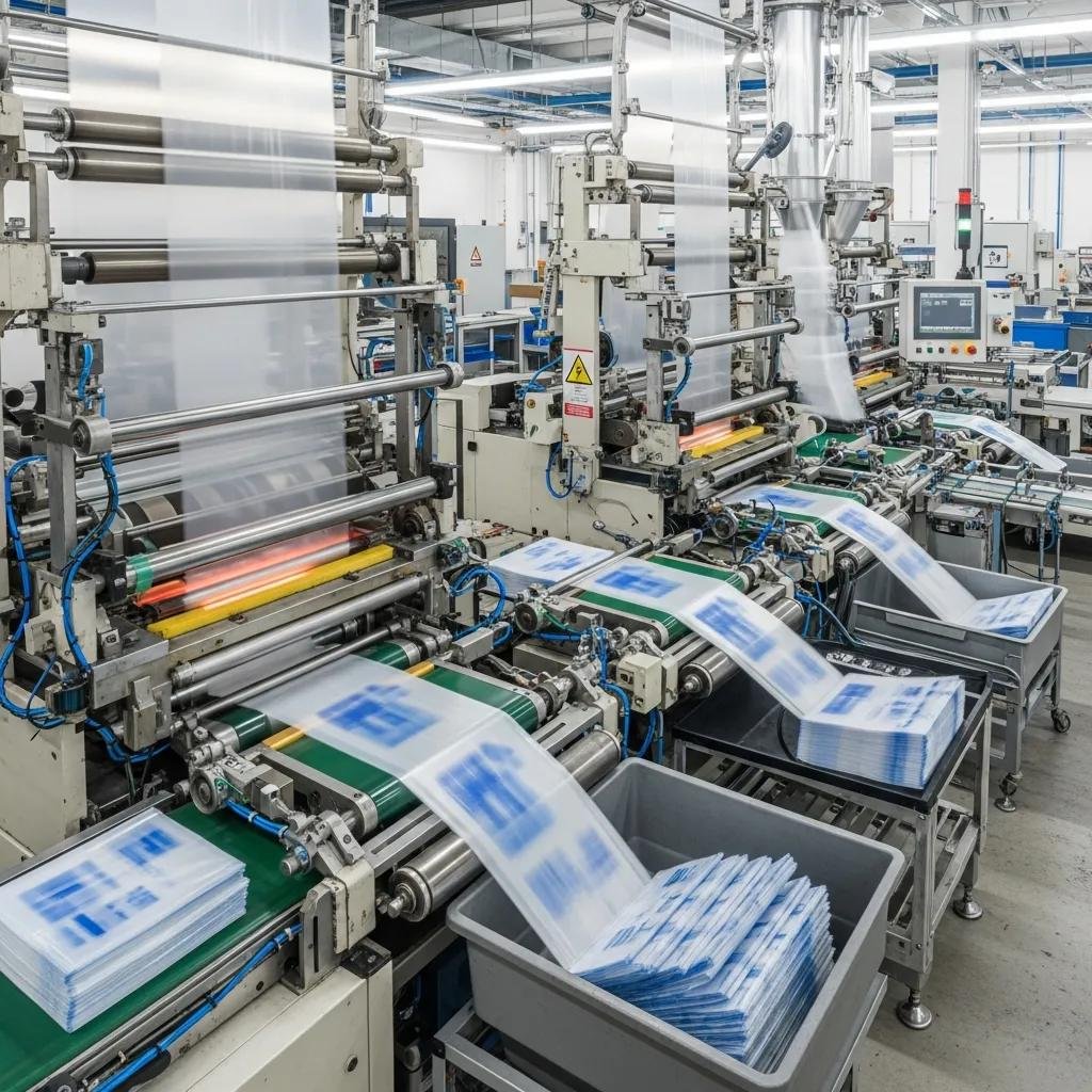 Plastic bag making machine producing various types of bags in a clean industrial setting