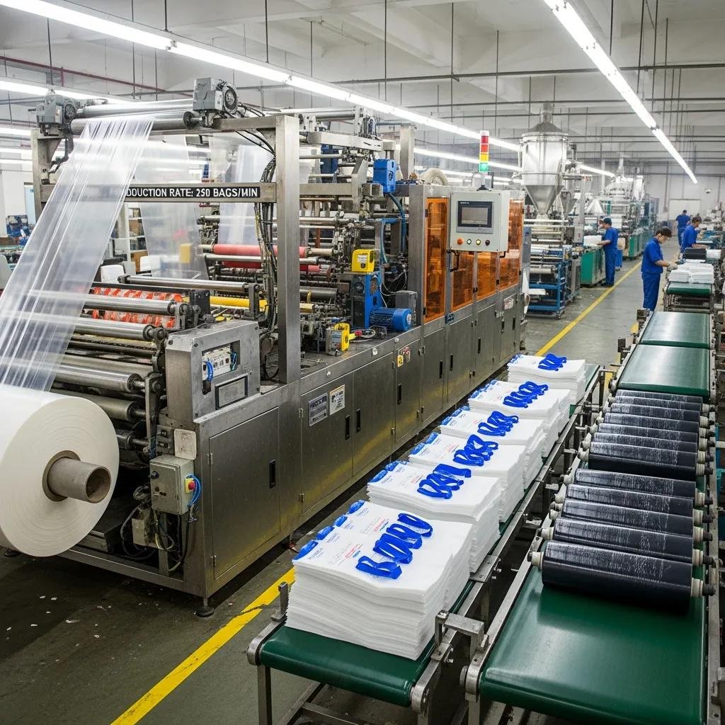 Plastic bag making machine producing various types of bags in a manufacturing setting