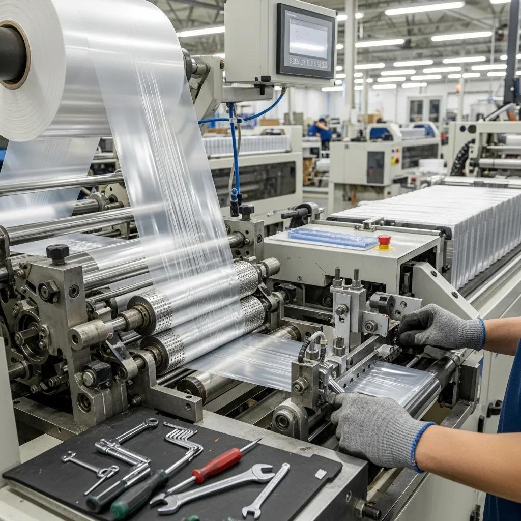 Plastic bag making machine with visible sealing mechanisms and cutting units