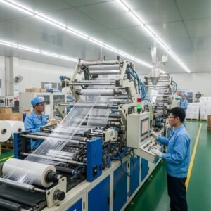 Plastic film machine in operation, highlighting production efficiency and maintenance