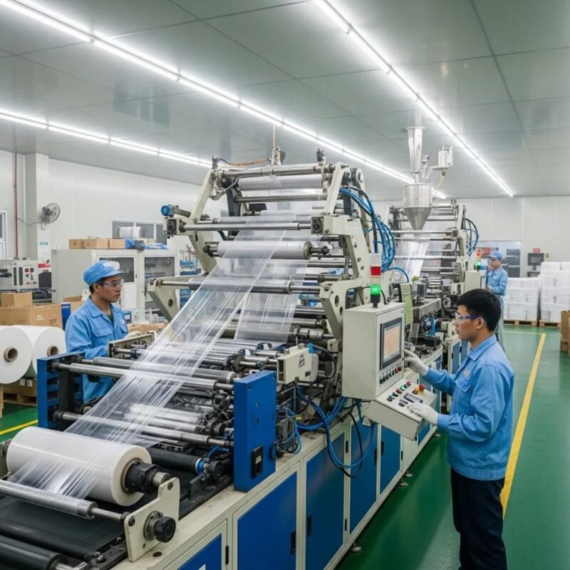 Plastic film machine in operation, highlighting production efficiency and maintenance