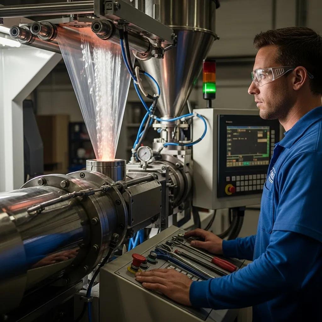 Plastic machine operator managing a blown film extrusion machine, showcasing expertise in manufacturing