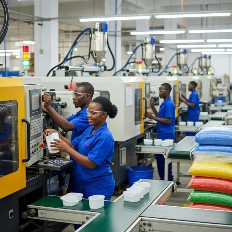 Plastic manufacturing facility in Nigeria with workers operating machines
