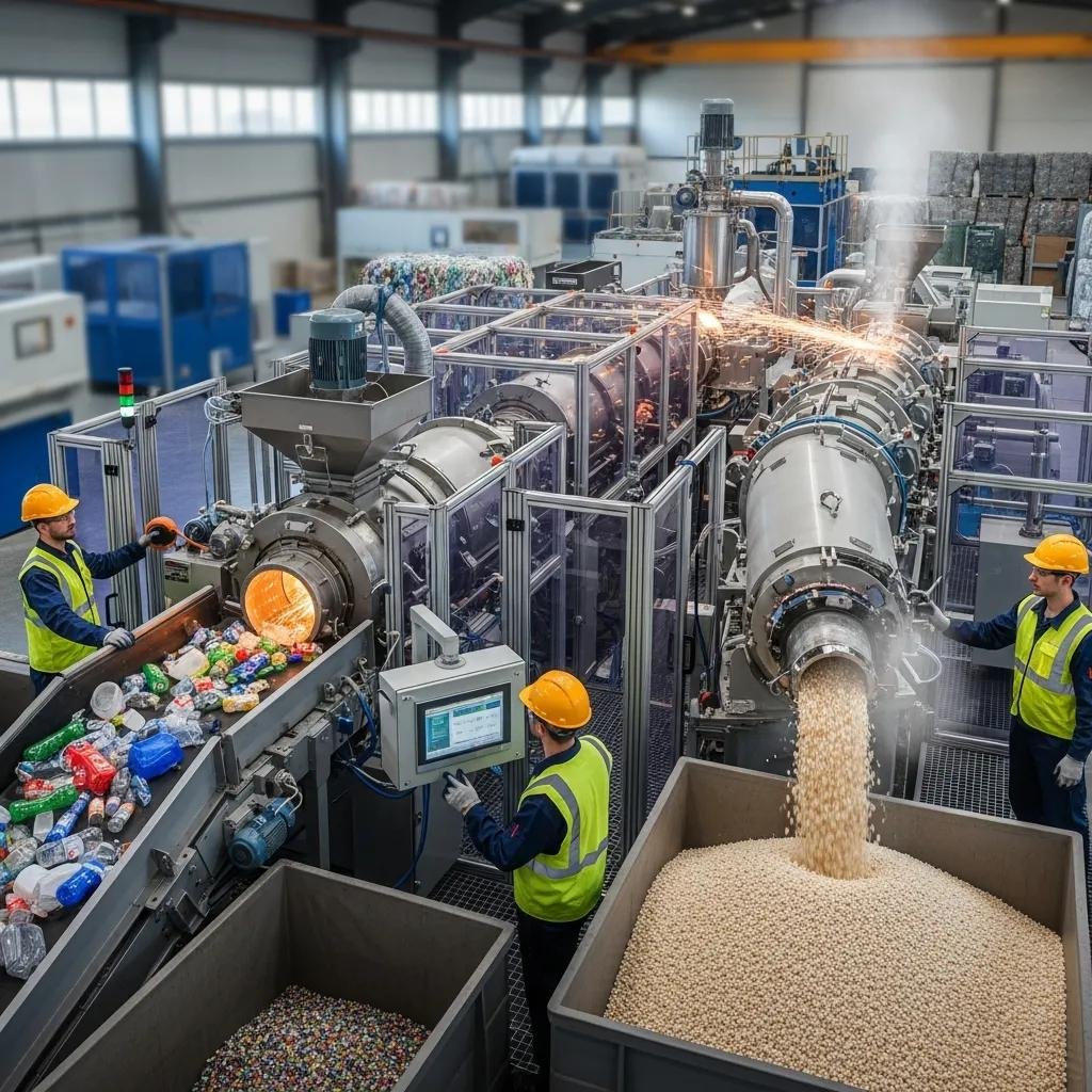 Plastic recycling machine processing waste into reusable materials with workers monitoring the operation