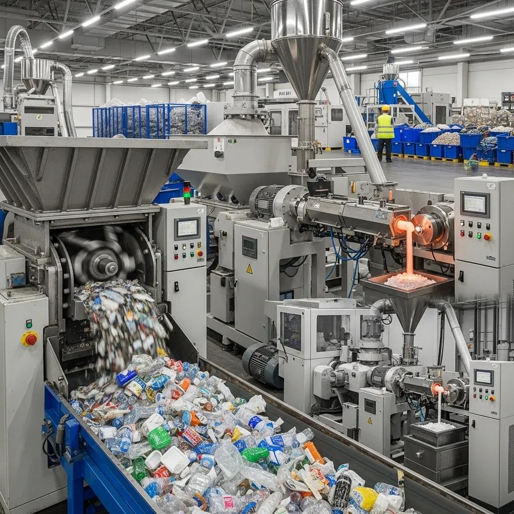Plastic recycling machines processing waste, highlighting sustainability efforts in Nigeria