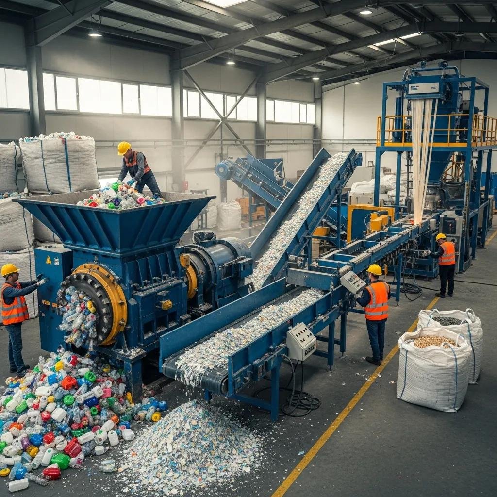Plastic recycling machines processing waste in Nigeria, promoting sustainability and circular economy