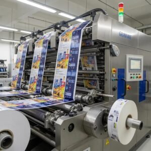 Precision gravure printing machine showcasing vibrant packaging designs
