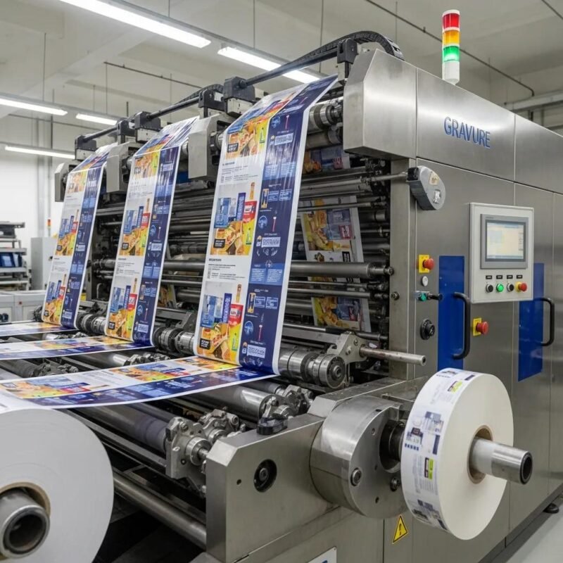 Precision gravure printing machine showcasing vibrant packaging designs