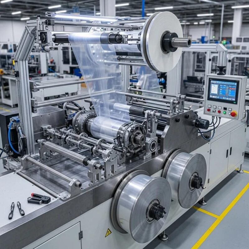 Precision slitting and rewinding machine in a manufacturing facility