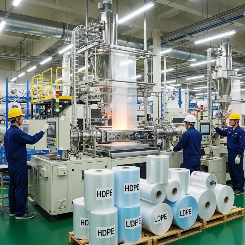 Production of polyethylene films in a factory setting with machinery and workers