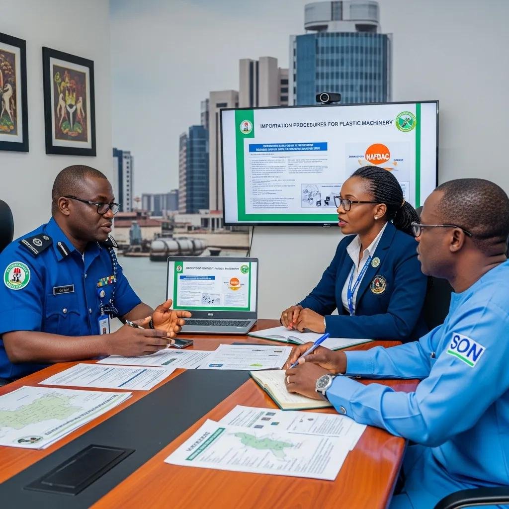 Representatives from Nigerian government agencies discussing import regulations for plastic machinery