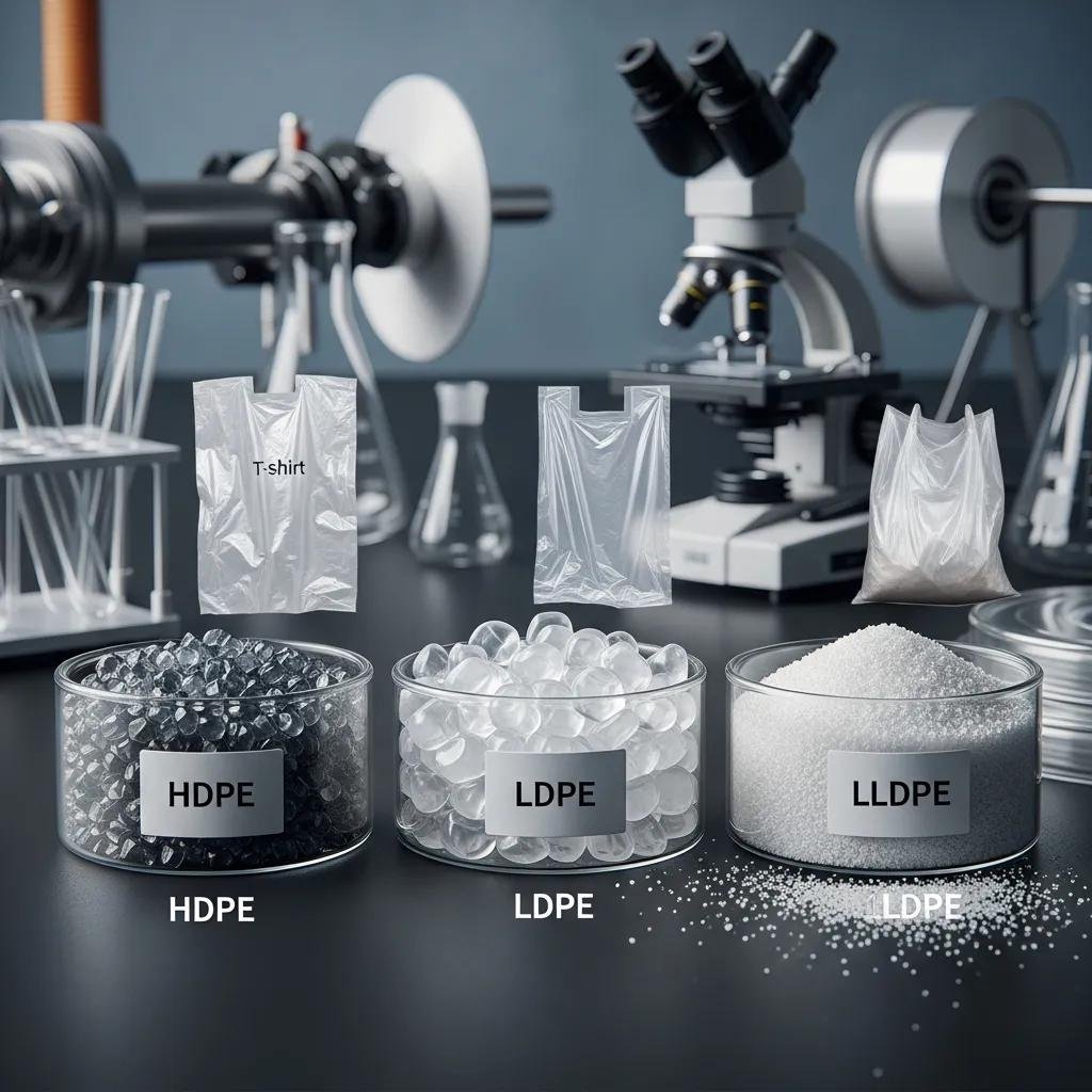 Samples of HDPE, LDPE, and LLDPE resins used in plastic bag manufacturing