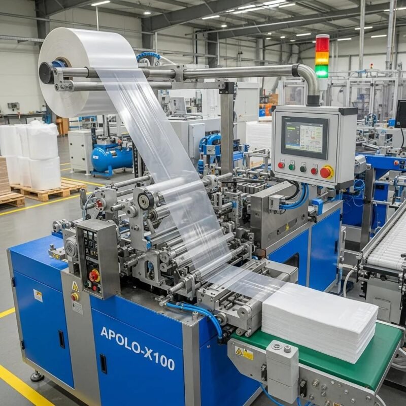 Side sealing plastic bag making machine in a factory, showcasing advanced features and operational efficiency