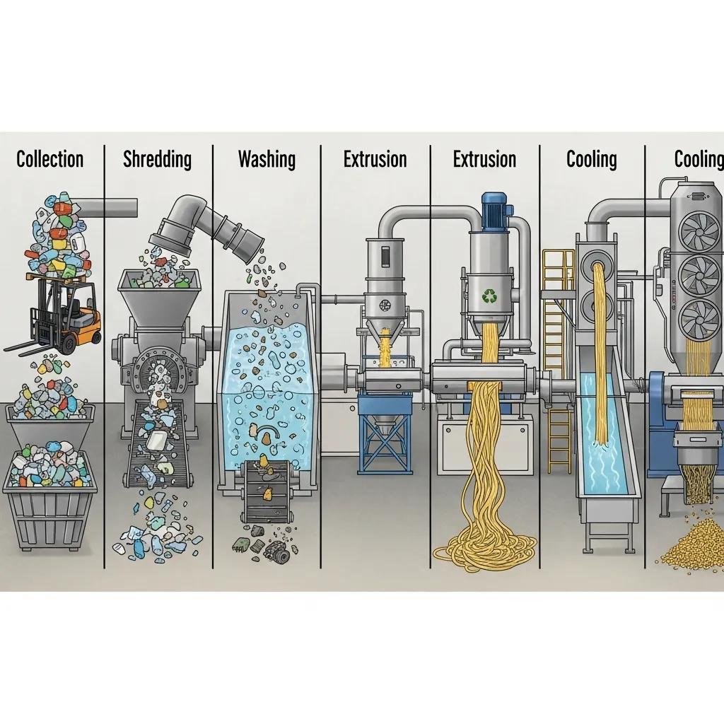 Stages of the plastic pelletizing process from waste collection to pellet production