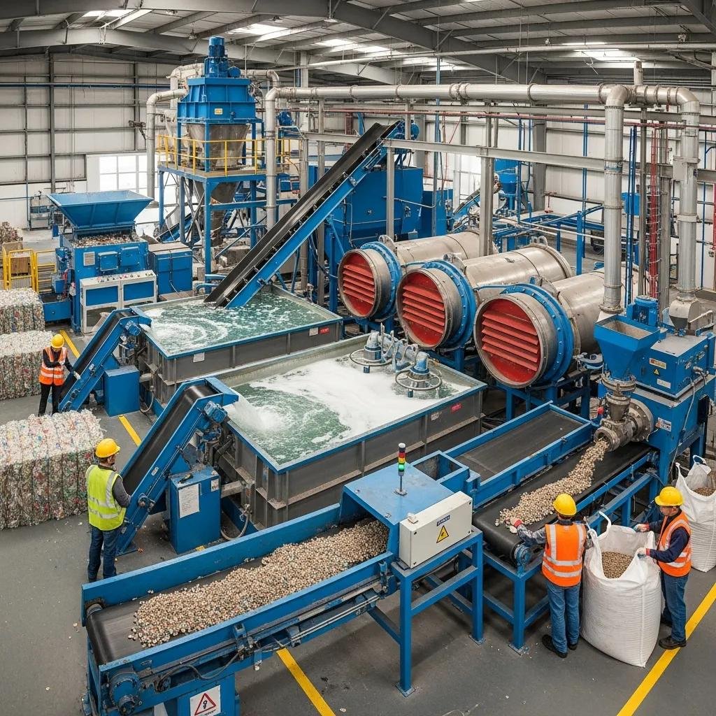 Step-by-step operation of an industrial plastic film recycling plant with workers