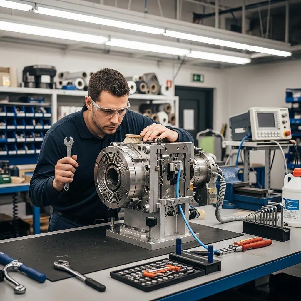 Technician conducting maintenance on blown film die head, emphasizing the importance of regular upkeep